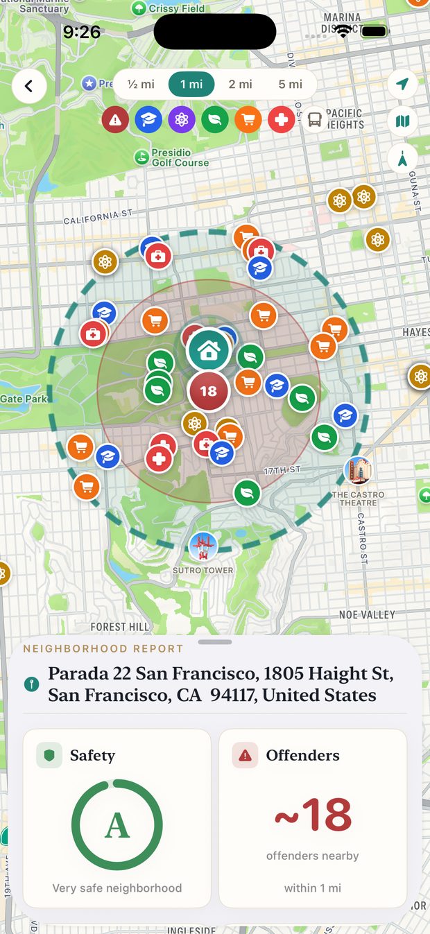 SafeNest map showing safety grade and offenders within one mile of a San Francisco address