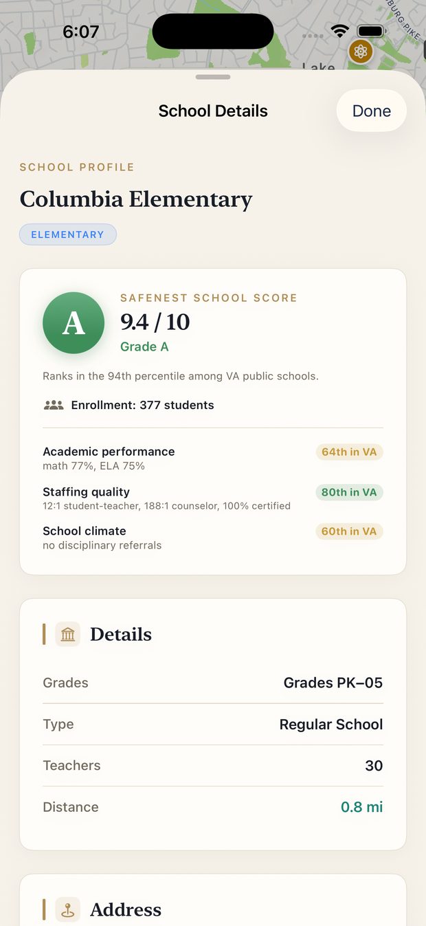 School profile for Columbia Elementary with a 9.4 out of 10 SafeNest score